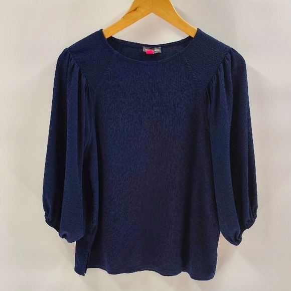 Vince Camuto Blouse Size Medium Navy Blue 3 Quarter Balloon Sleeve Textured - Picture 1 of 4